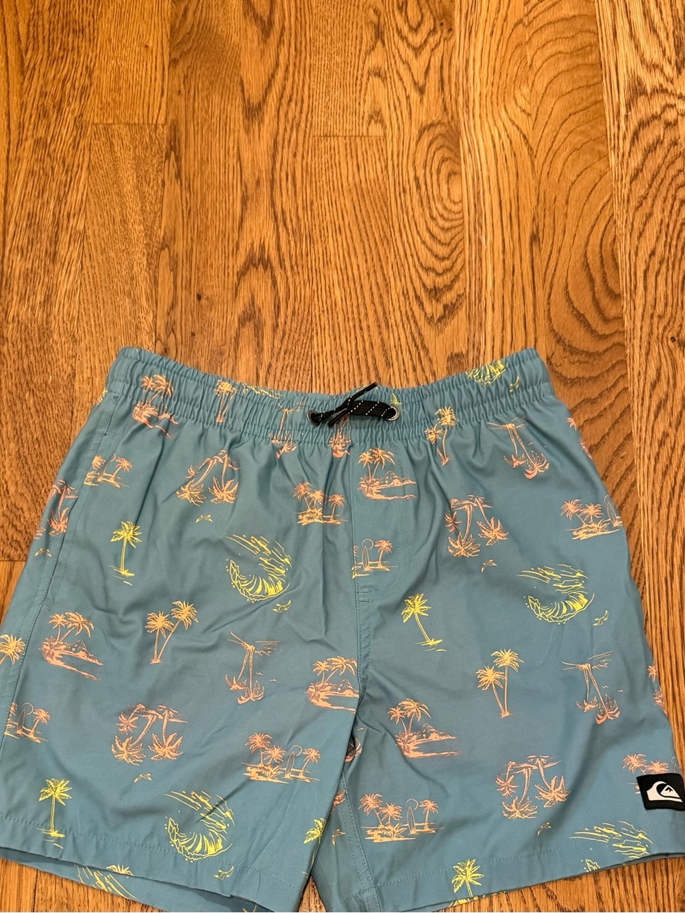 Quiksilver Boys Teal Swim Trunks with Neon Palm Print